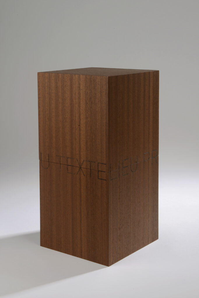 Lieu provisoire état du texte Vidéo / Poésie 1985 Vidéo, 20’ Sculpture en acajou Technique mixte 34 x 16 cm, Gravure au laser du titre sur les 4 faces extérieures de la sculpture s’ouvrant, avec : Gravure d’extraits du texte sur plaque d’aluminium brossé de 12 x 12 cm, Dvd de la vidéo dans la 1/2 partie basse intérieure, Édition réalisée en 3 exemplaires numérotés et signés, avec certificat