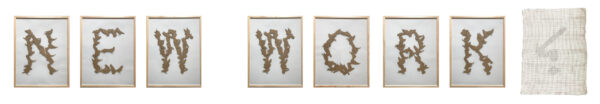 Technique mixte, carton et coton, lettres découpées et point d'ironie au crochet, 60 x 445 cm