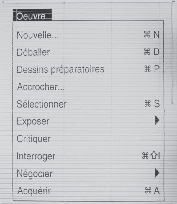 Art partner 1 Technique mixte, lettres adhésives sur store,170 x 150 cm