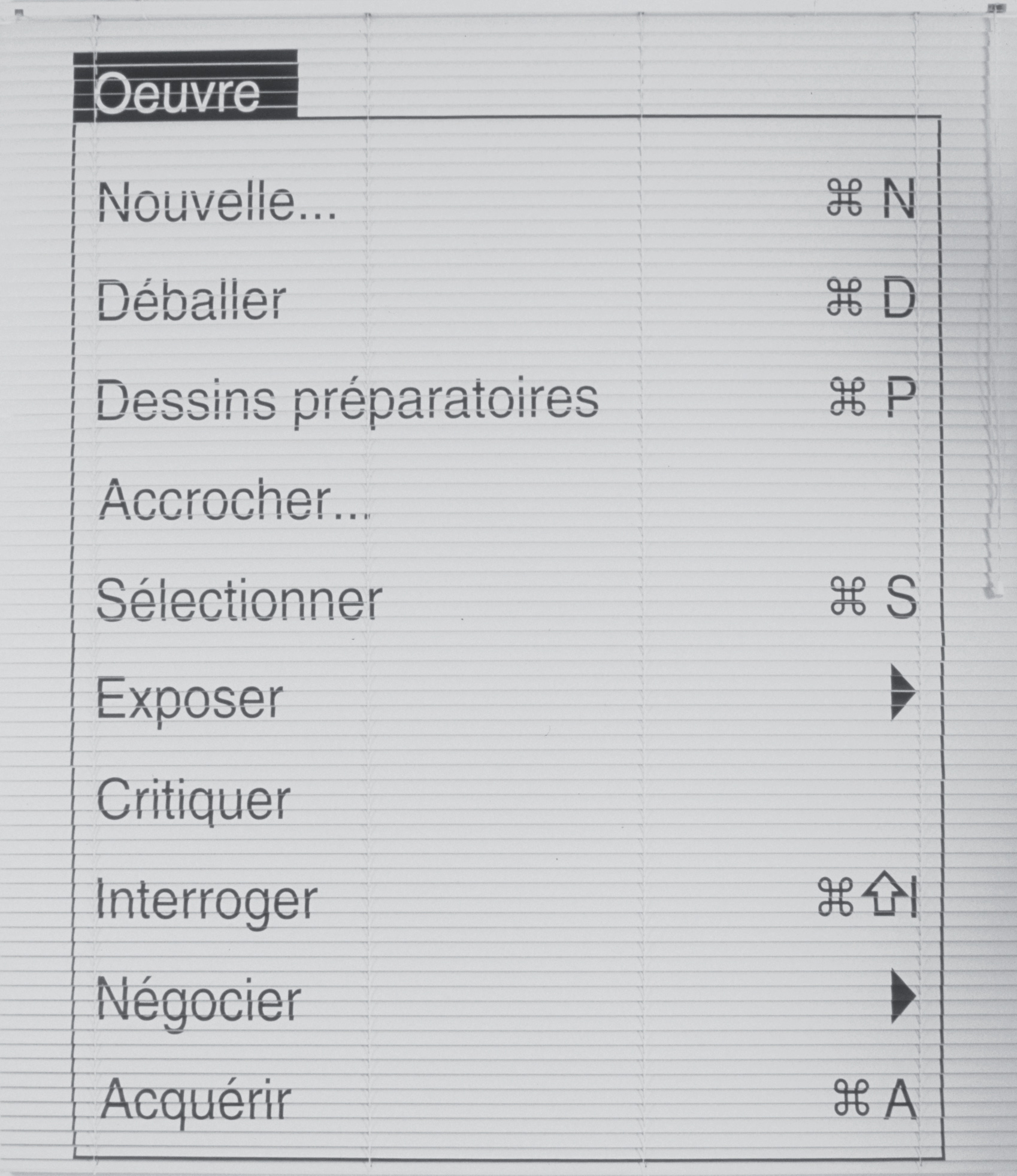 Art partner 1 Technique mixte, lettres adhésives sur store,170 x 150 cm